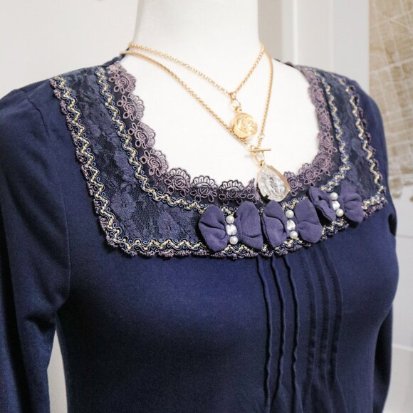 Navy Blue Lacy Babydoll Long Sleeve Tee 🌌 AXES FEMME - Picture 4 of 10